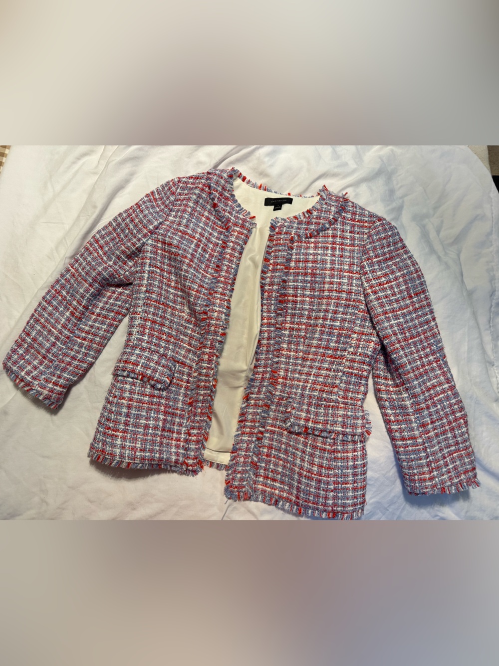 Ann Taylor White Tweed Jacket with Red and Blue Accents